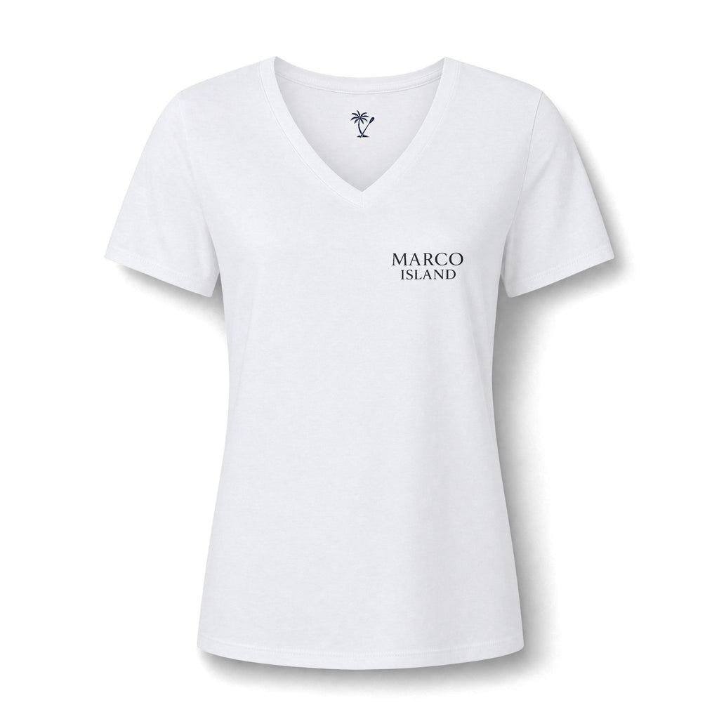 Women's V-Neck Tee — Marco Island Palm & Paddle Graphic
