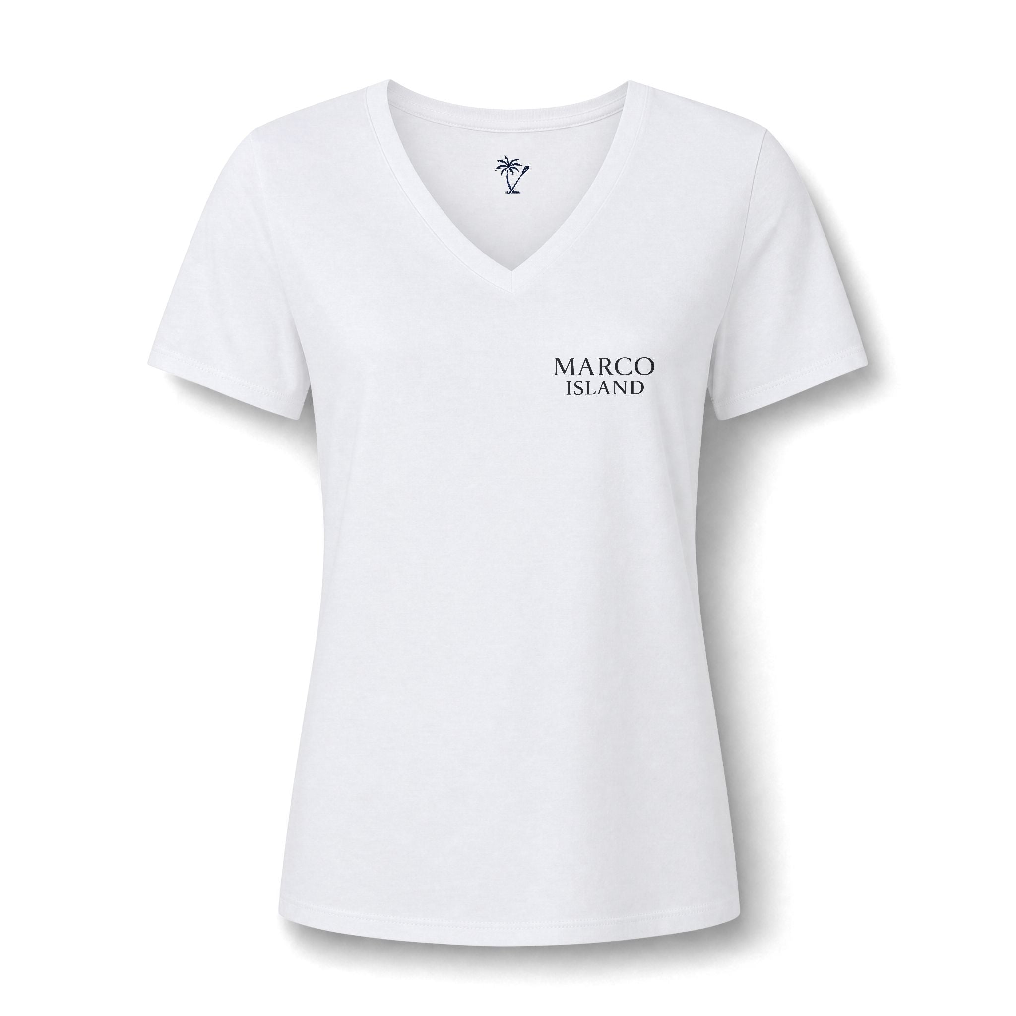 Women's V-Neck Tee — Marco Island Palm & Paddle Graphic