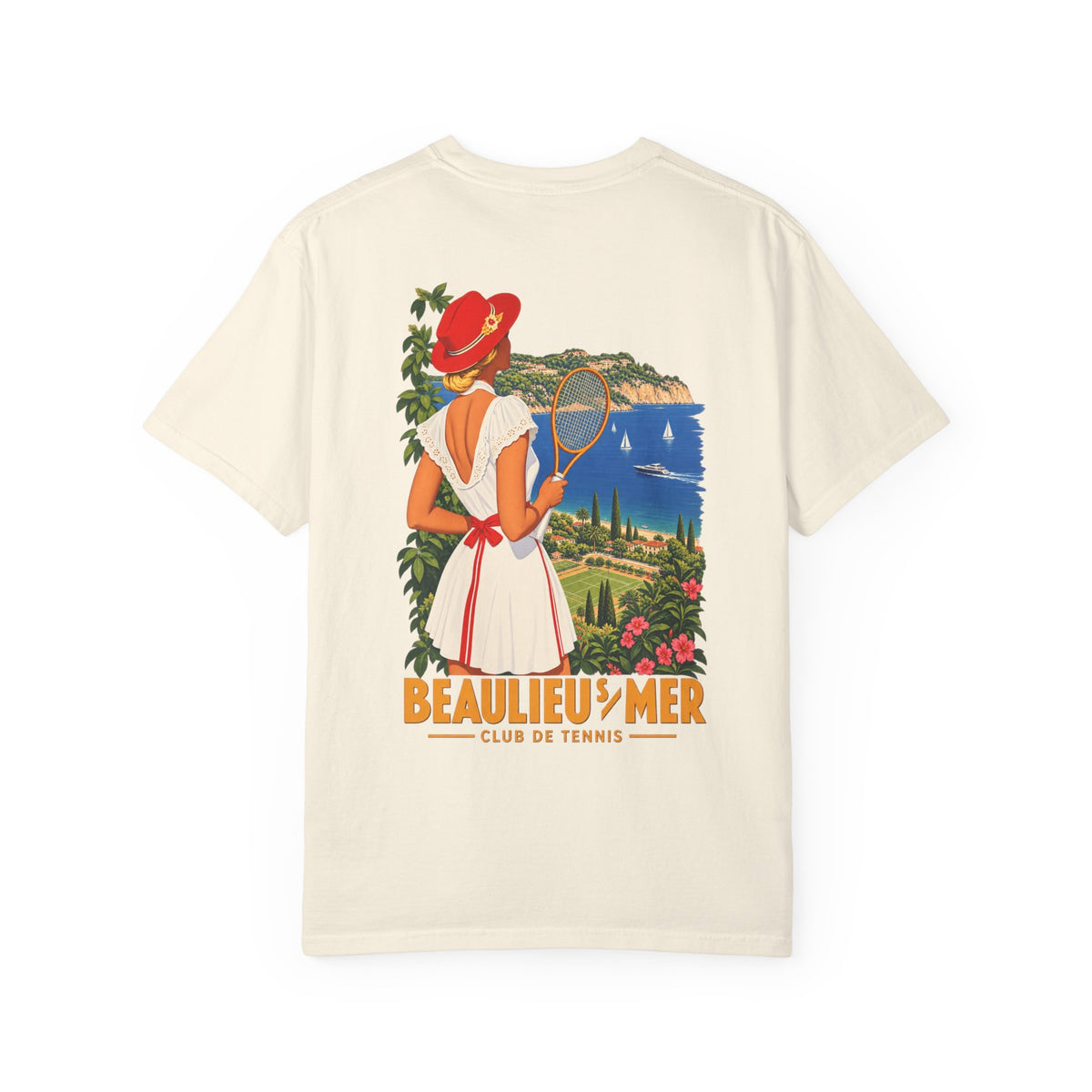 Vintage Riviera Tennis Poster T-Shirt — "Beaulieu-sur-Mer" Back Print
