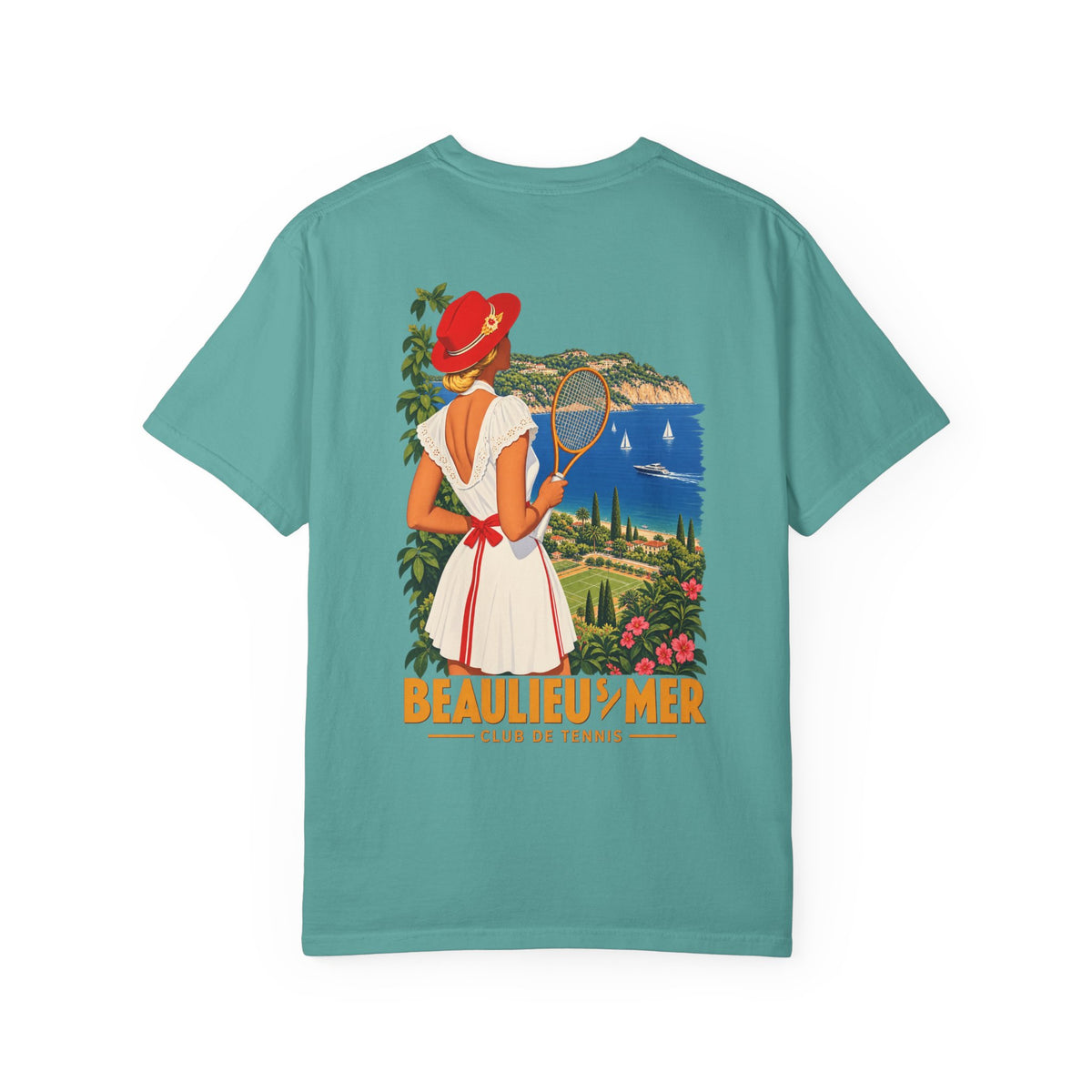 Vintage Riviera Tennis Poster T-Shirt — "Beaulieu-sur-Mer" Back Print