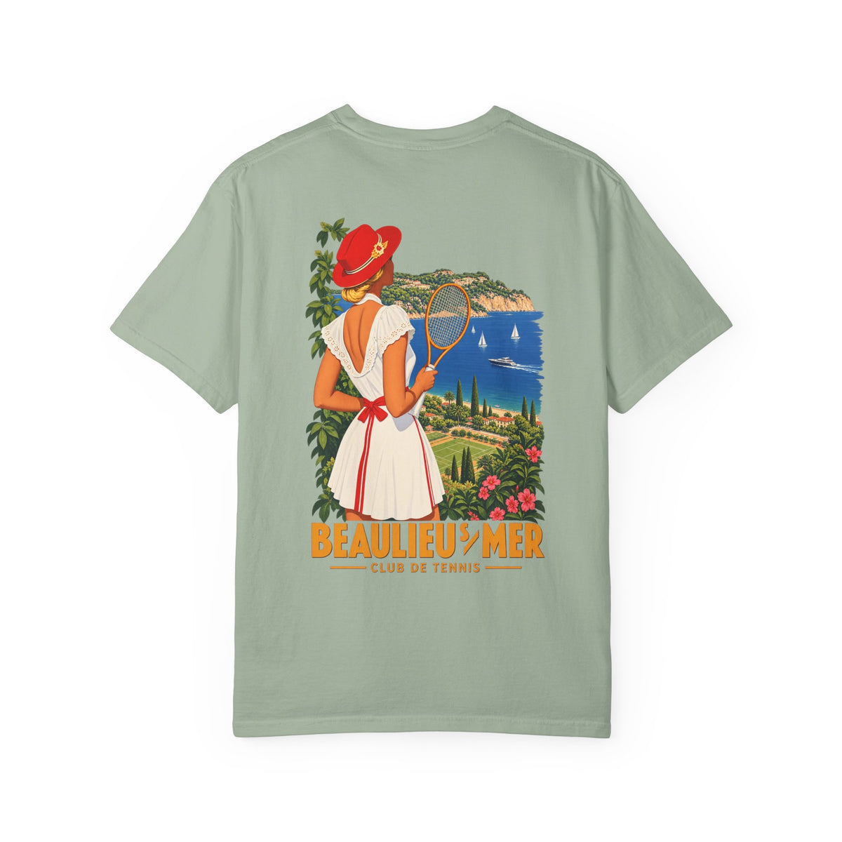 Vintage Riviera Tennis Poster T-Shirt — "Beaulieu-sur-Mer" Back Print