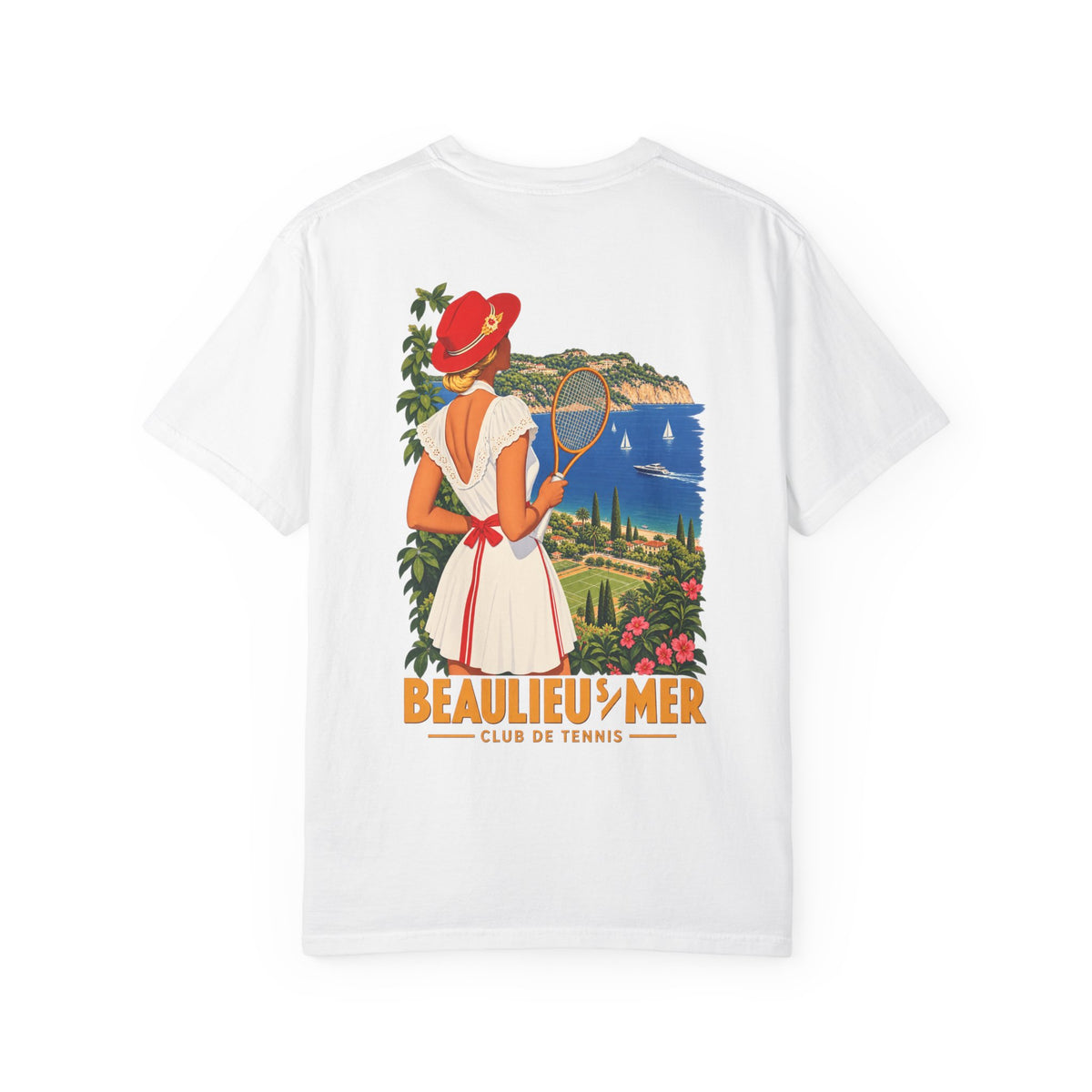 Vintage Riviera Tennis Poster T-Shirt — "Beaulieu-sur-Mer" Back Print