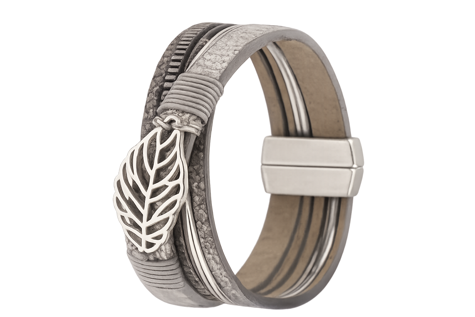 Orgin Silver Leaf Charm Leather Bracelet